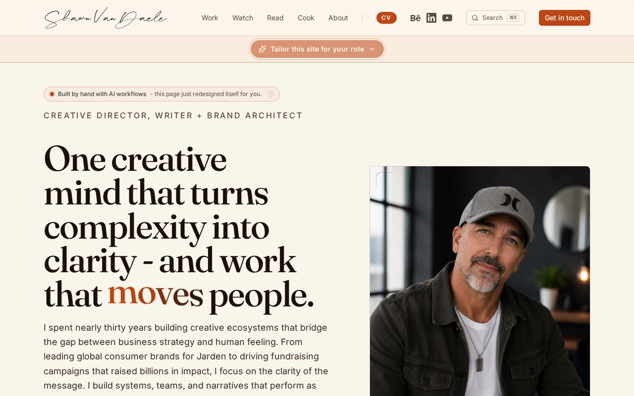 The live homepage of shawnvandaele.work, which reorders itself around each visitor's role