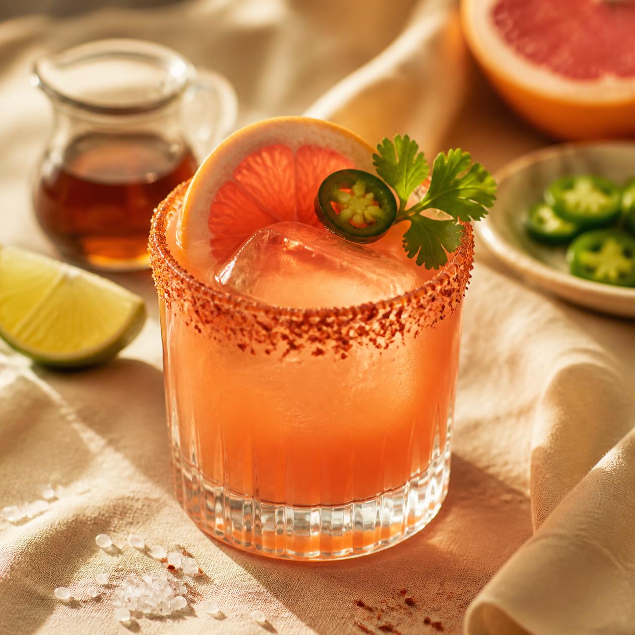 The Shawnarita - a Tajín-rimmed grapefruit-pineapple margarita garnished with grapefruit, jalapeño, and cilantro.